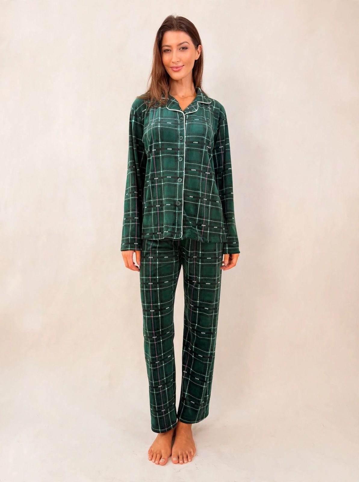 Women's Velvet Button-Up Pajama Set – Burgundy / Green Plaid (AY08-1#)