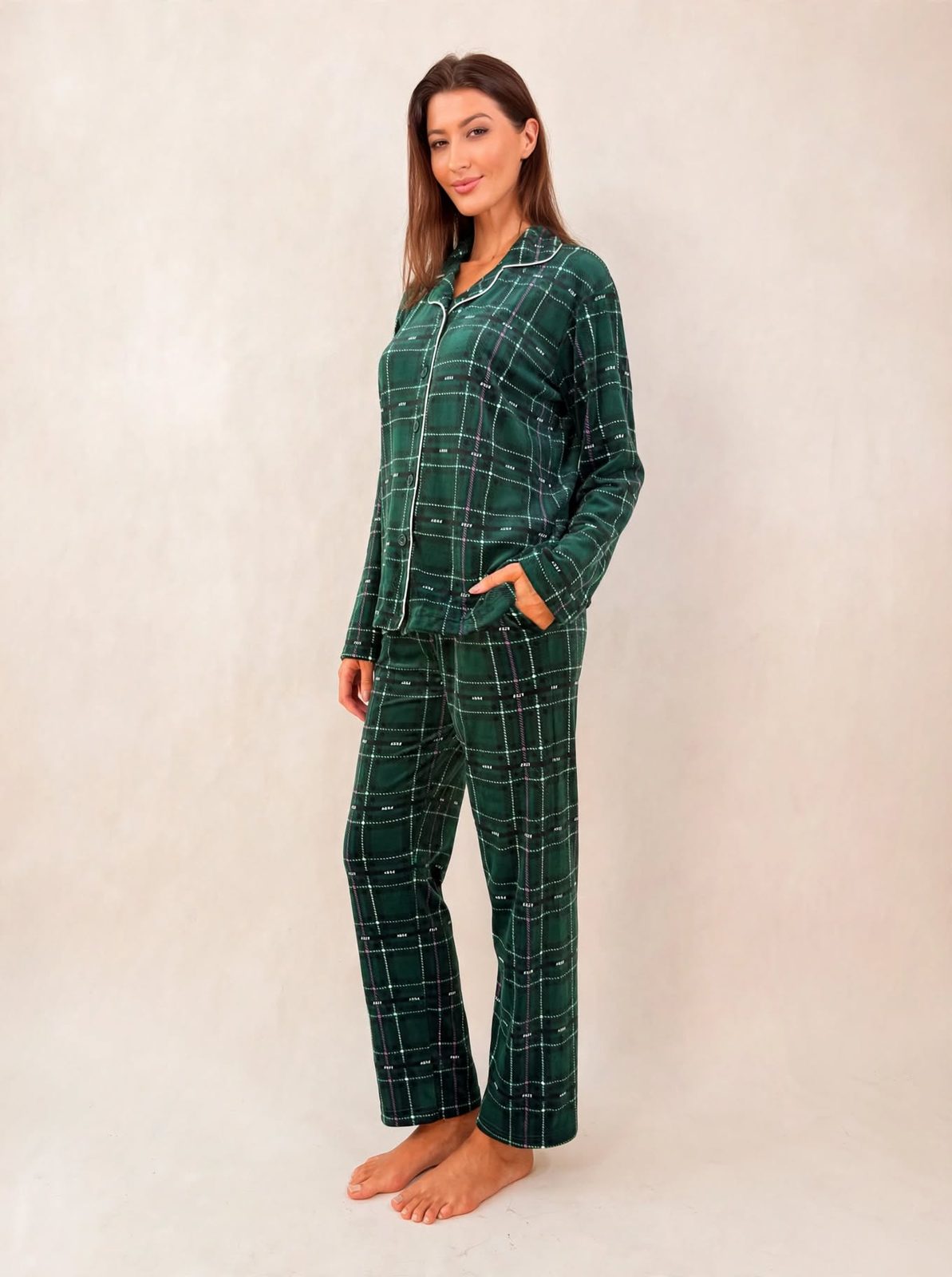 Women's Velvet Button-Up Pajama Set – Burgundy / Green Plaid (AY08-1#)