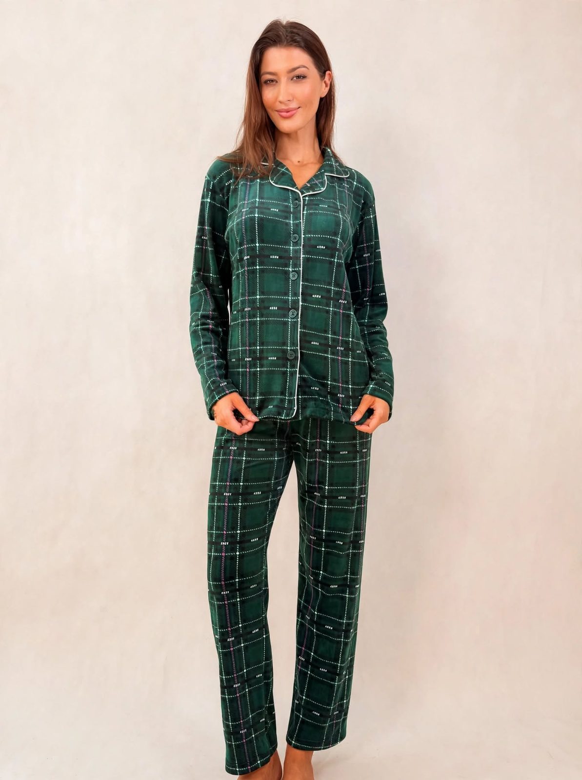 Women's Velvet Button-Up Pajama Set – Burgundy / Green Plaid (AY08-1#)