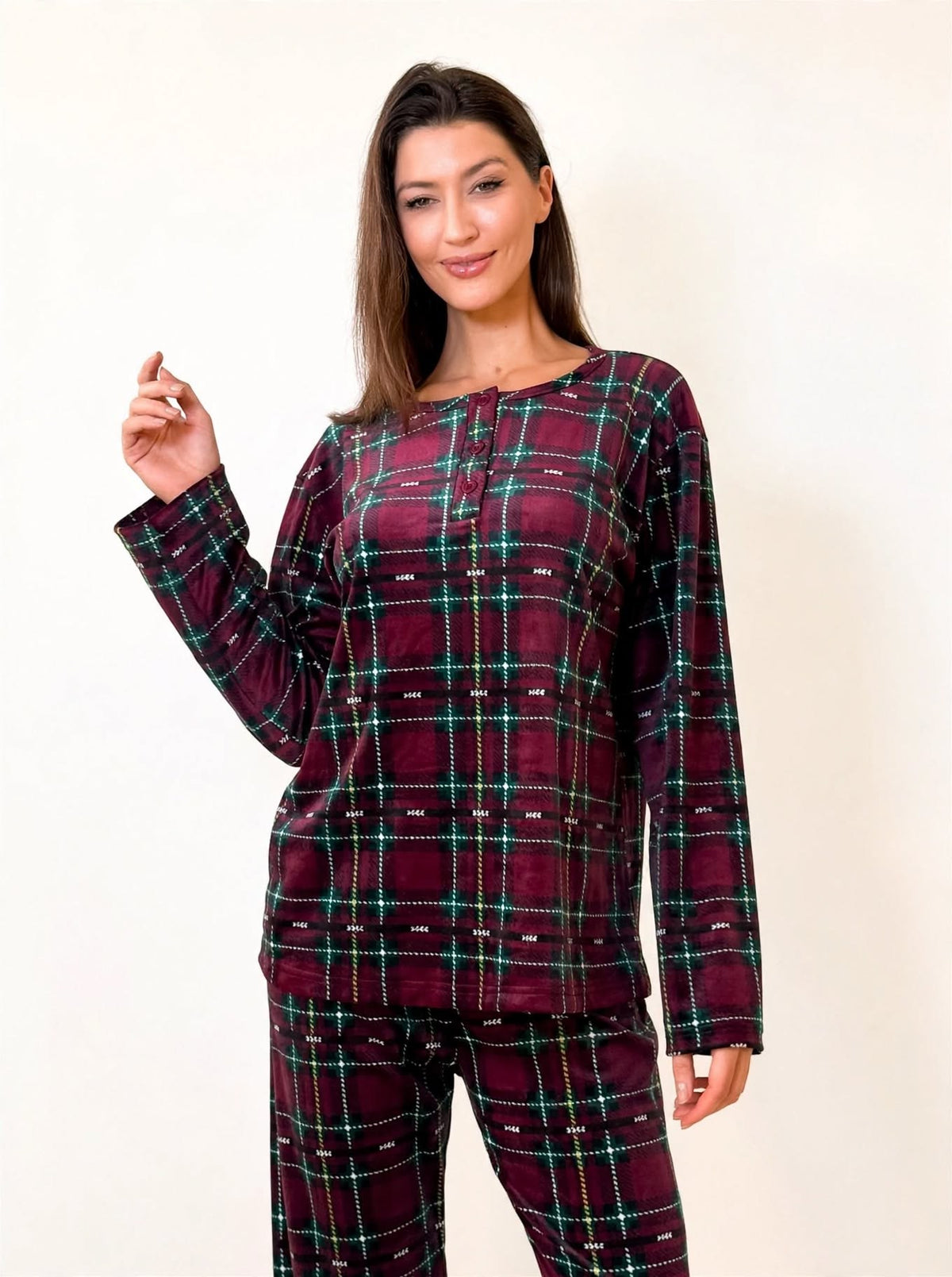Women's Velvet Pullover Pajama Set – Burgundy / Green Plaid (AY08-4#)