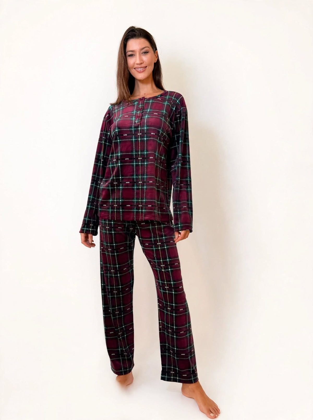Women's Velvet Pullover Pajama Set – Burgundy / Green Plaid (AY08-4#)