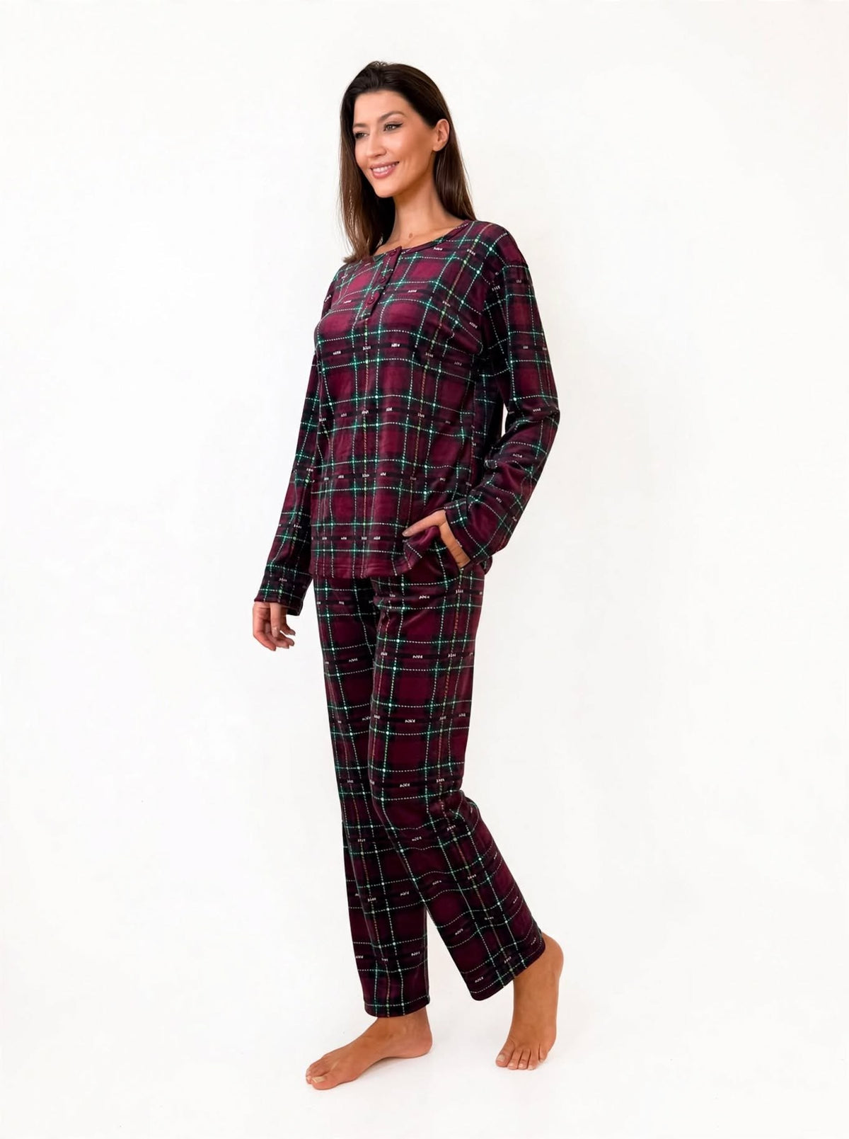 Women's Velvet Pullover Pajama Set – Burgundy / Green Plaid (AY08-4#)