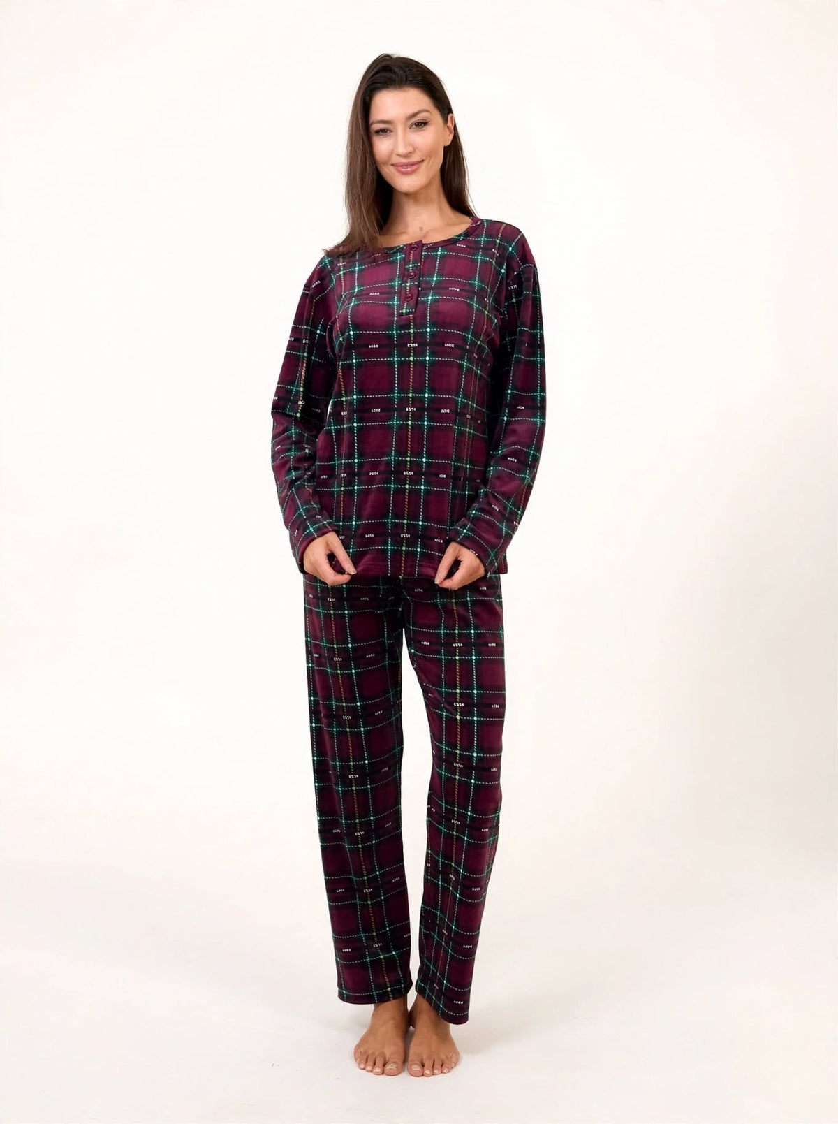 Women's Velvet Pullover Pajama Set – Burgundy / Green Plaid (AY08-4#)