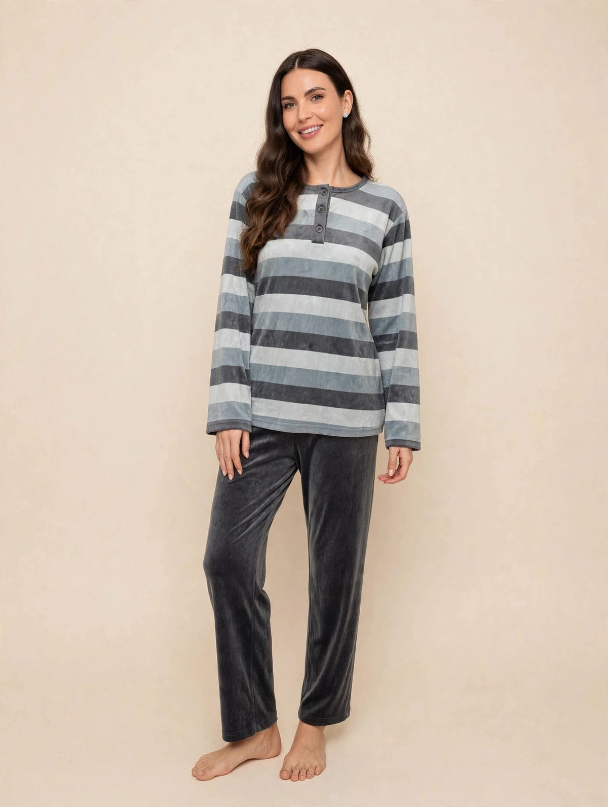 Women's Velvet Pullover Pajama Set – Grey Stripe (AY10-2#)