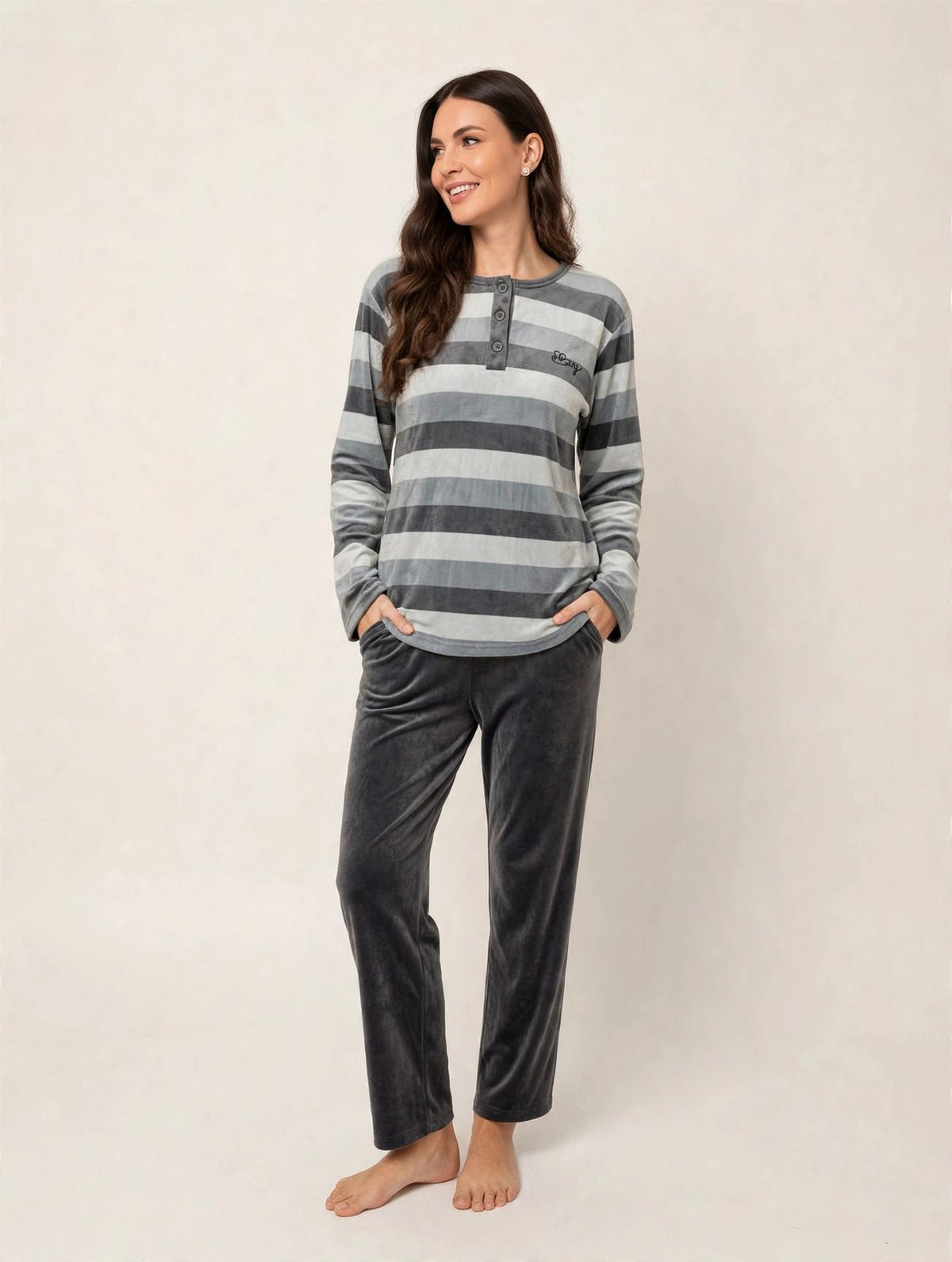 Women's Velvet Pullover Pajama Set – Grey Stripe (AY10-2#)
