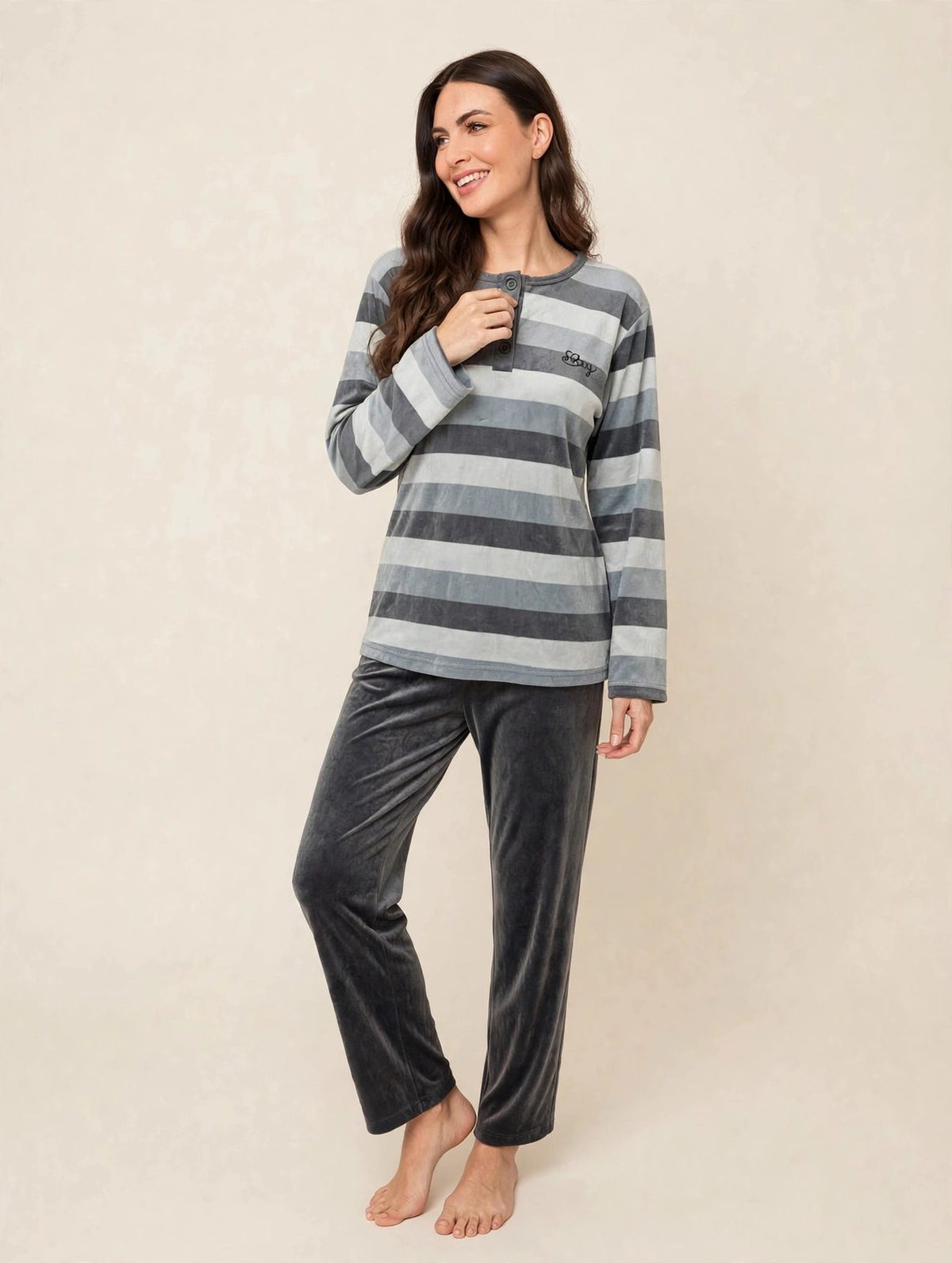 Women's Velvet Pullover Pajama Set – Grey Stripe (AY10-2#)