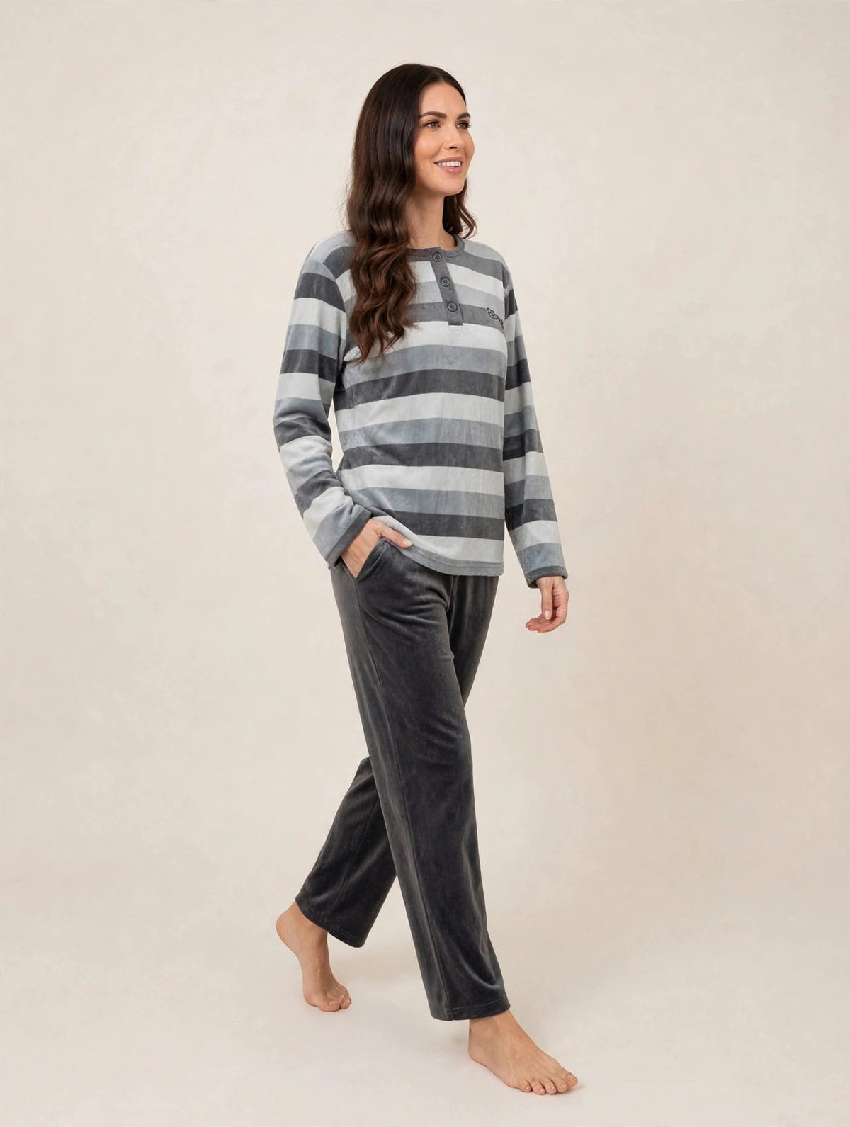 Women's Velvet Pullover Pajama Set – Grey Stripe (AY10-2#)