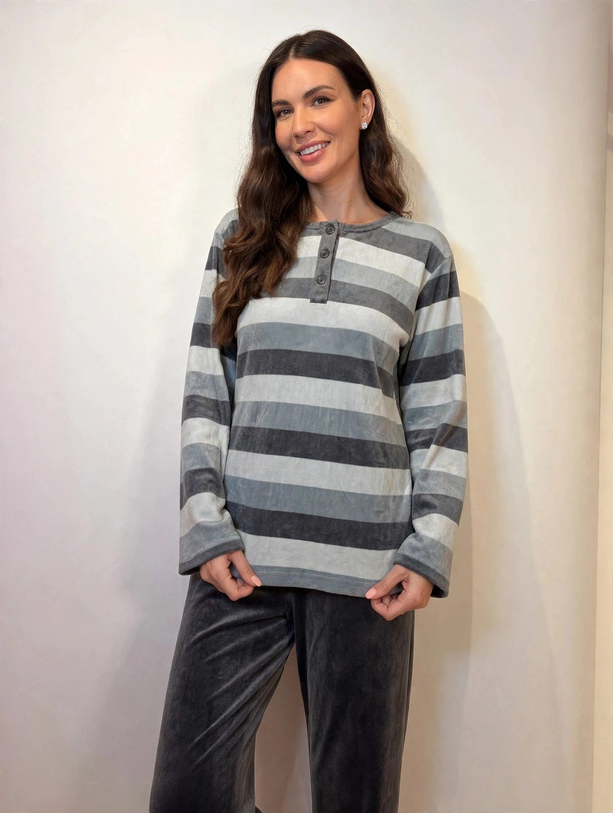 Women's Velvet Pullover Pajama Set – Grey Stripe (AY10-2#)