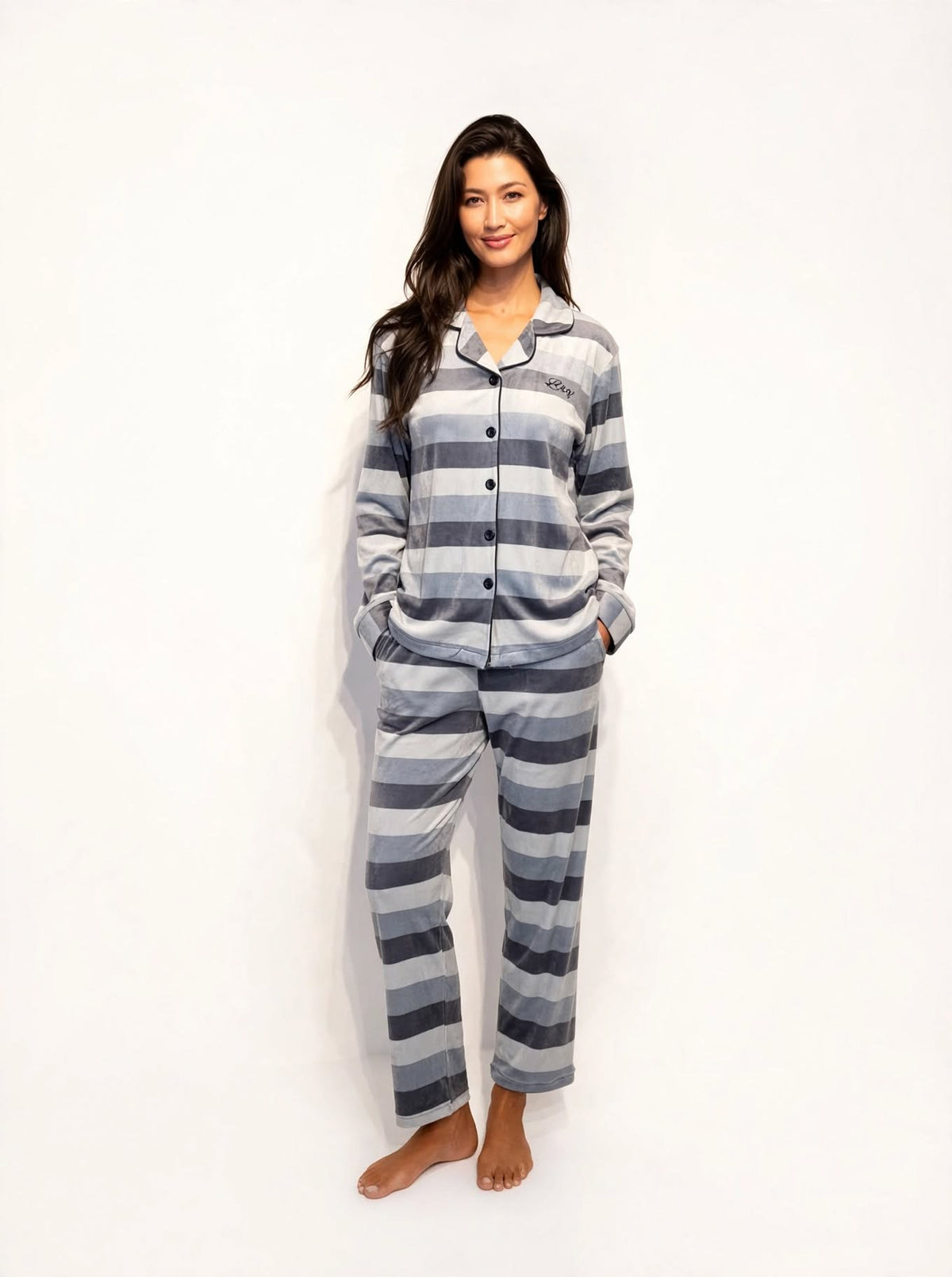 Women's Velvet Button-Up Pajama Set – Grey Stripe (AY10-4#)