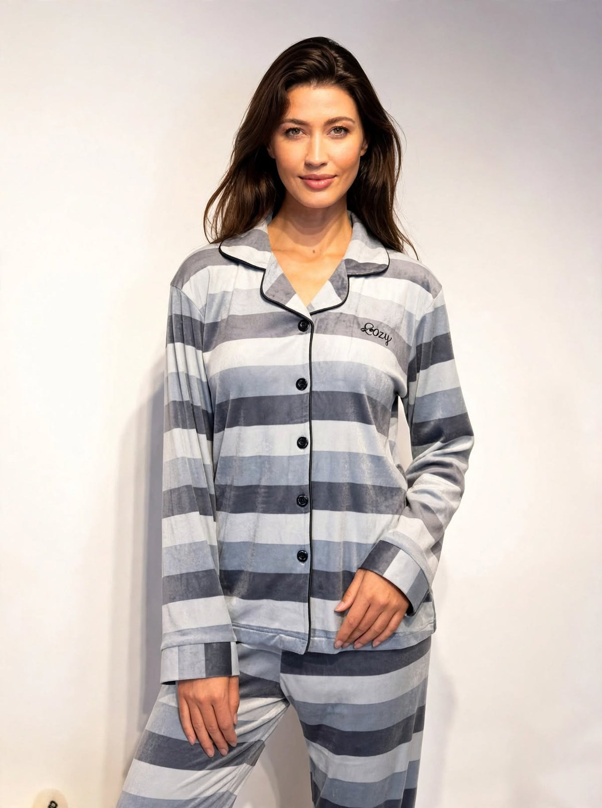 Women's Velvet Button-Up Pajama Set – Grey Stripe (AY10-4#)