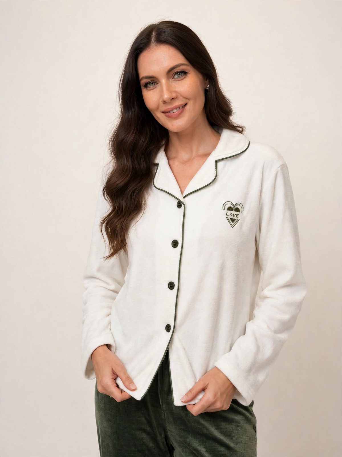 Women's Plus Size Velvet Button-Up Pajama Set – White & Olive (AY12-1#)