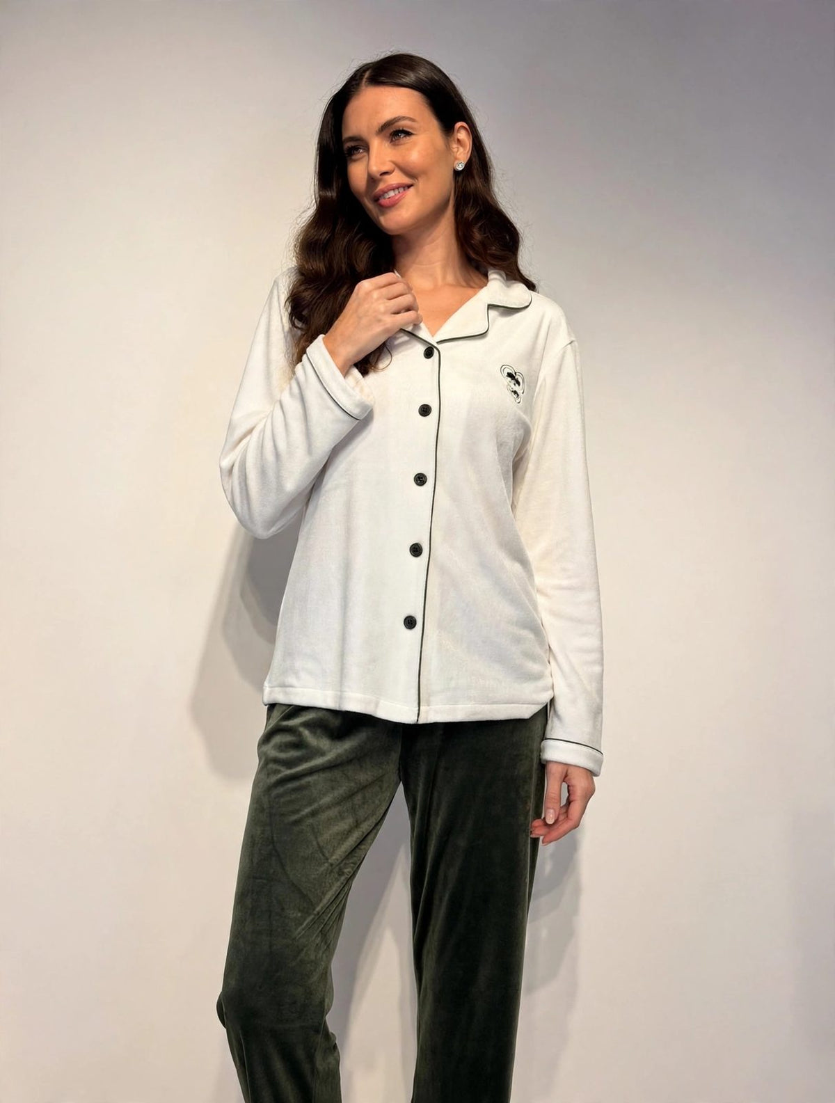 Women's Plus Size Velvet Button-Up Pajama Set – White & Olive (AY12-1#)