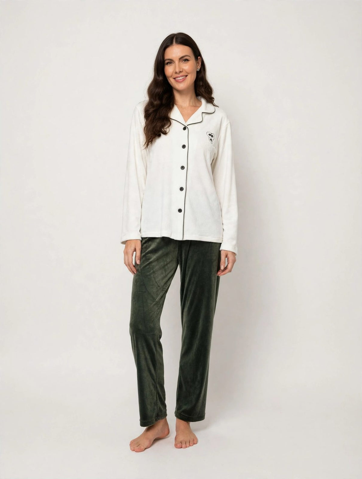Women's Plus Size Velvet Button-Up Pajama Set – White & Olive (AY12-1#)