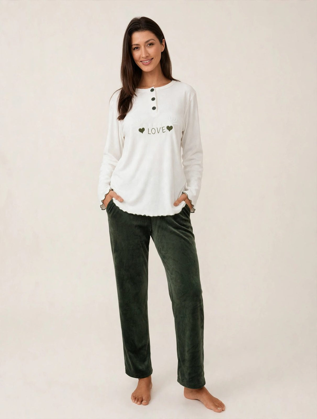 Women's Plus Size Velvet Button-Up Pajama Set – White & Olive (AY12-1#)
