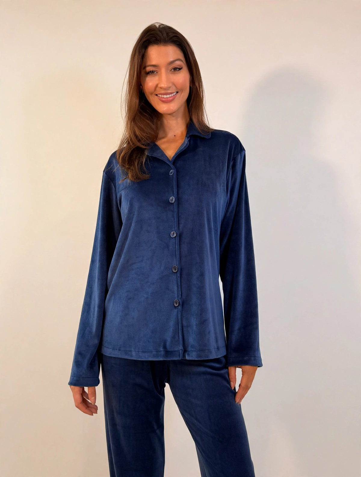Women's Velvet Button-Up Pajama Set – Mauve / Navy (AY14#)