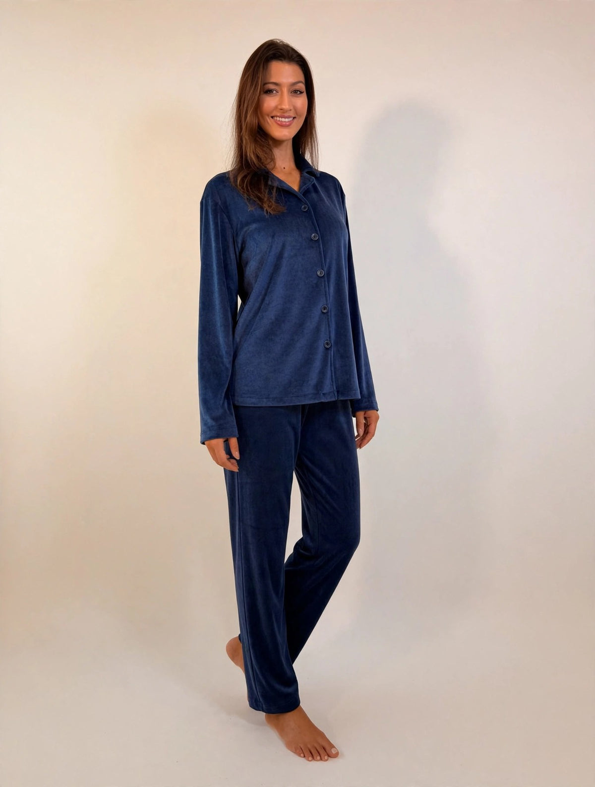 Women's Velvet Button-Up Pajama Set – Mauve / Navy (AY14#)