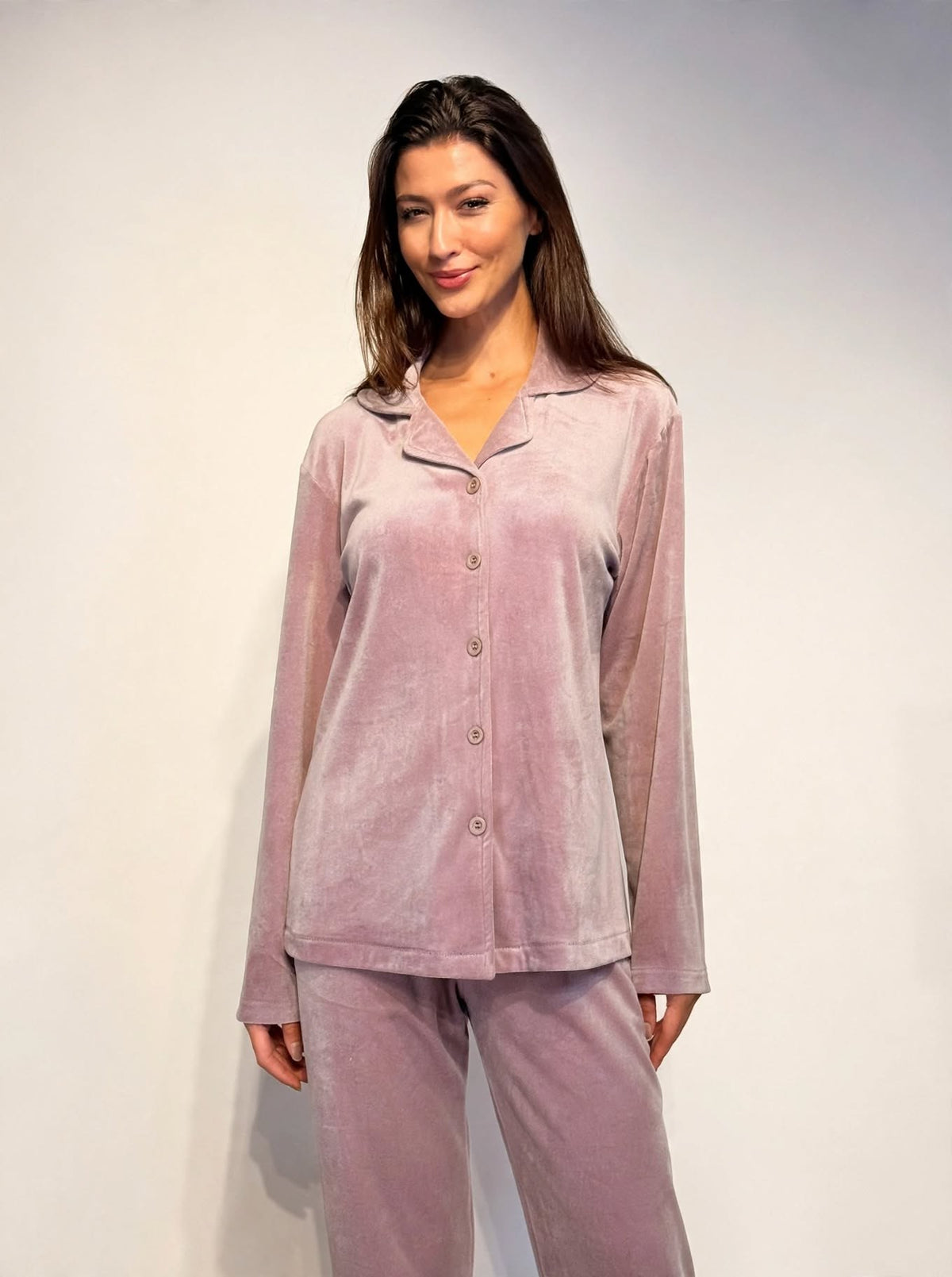 Women's Velvet Button-Up Pajama Set – Mauve / Navy (AY14#)
