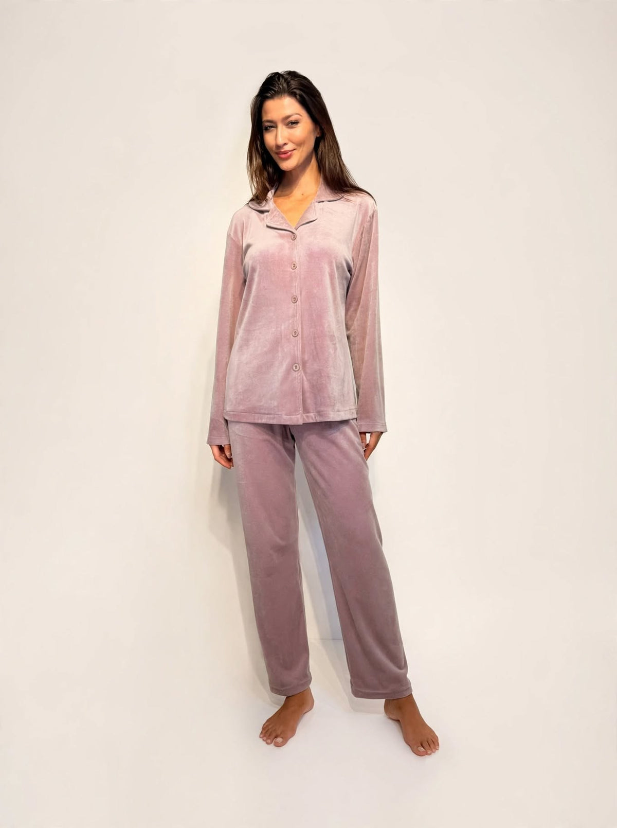 Women's Velvet Button-Up Pajama Set – Mauve / Navy (AY14#)