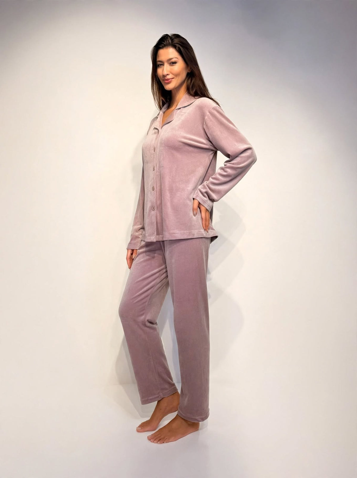 Women's Velvet Button-Up Pajama Set – Mauve / Navy (AY14#)