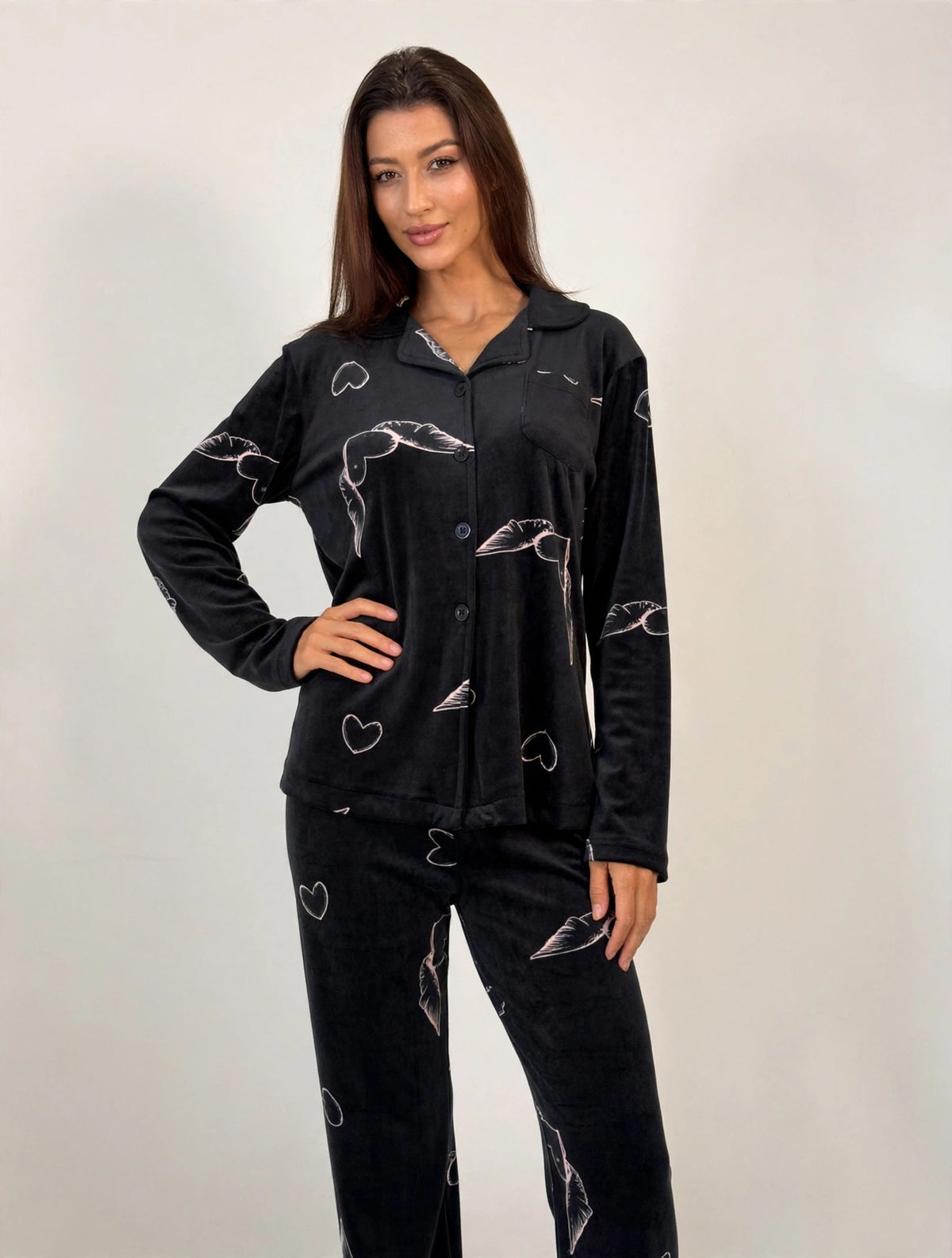 Women's Velvet Button-Up Pajama Set – Black (AY17#)
