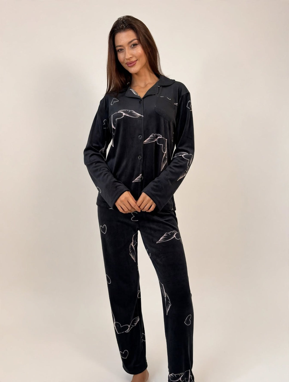 Women's Velvet Button-Up Pajama Set – Black (AY17#)