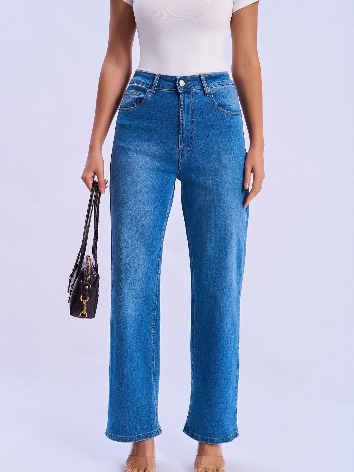 High waist TRF wide leg jeans in medium blue denim view#Color_MEDIUM BLUE DENIM