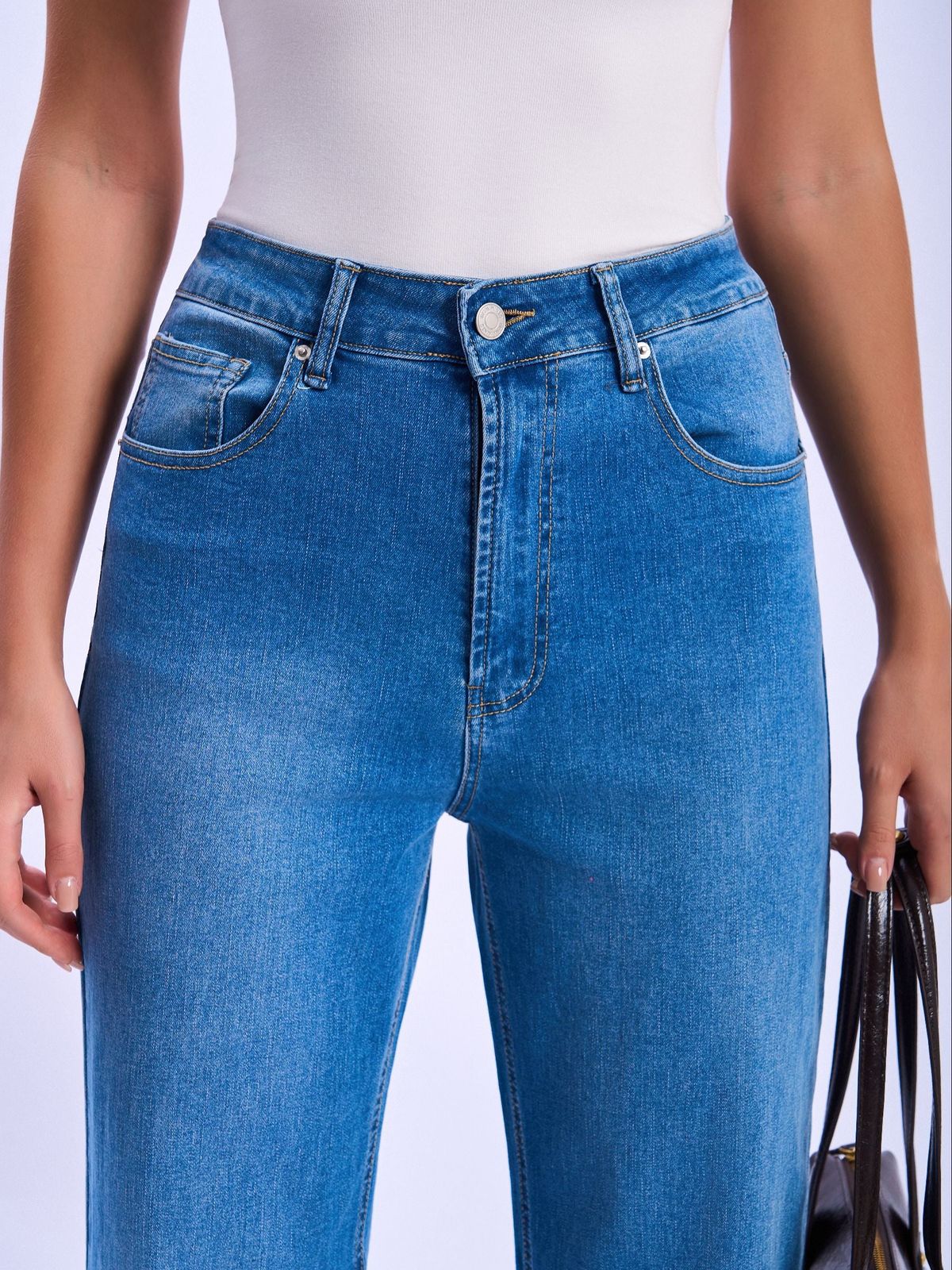 High waist TRF wide leg jeans in medium blue denim view#Color_MEDIUM BLUE DENIM