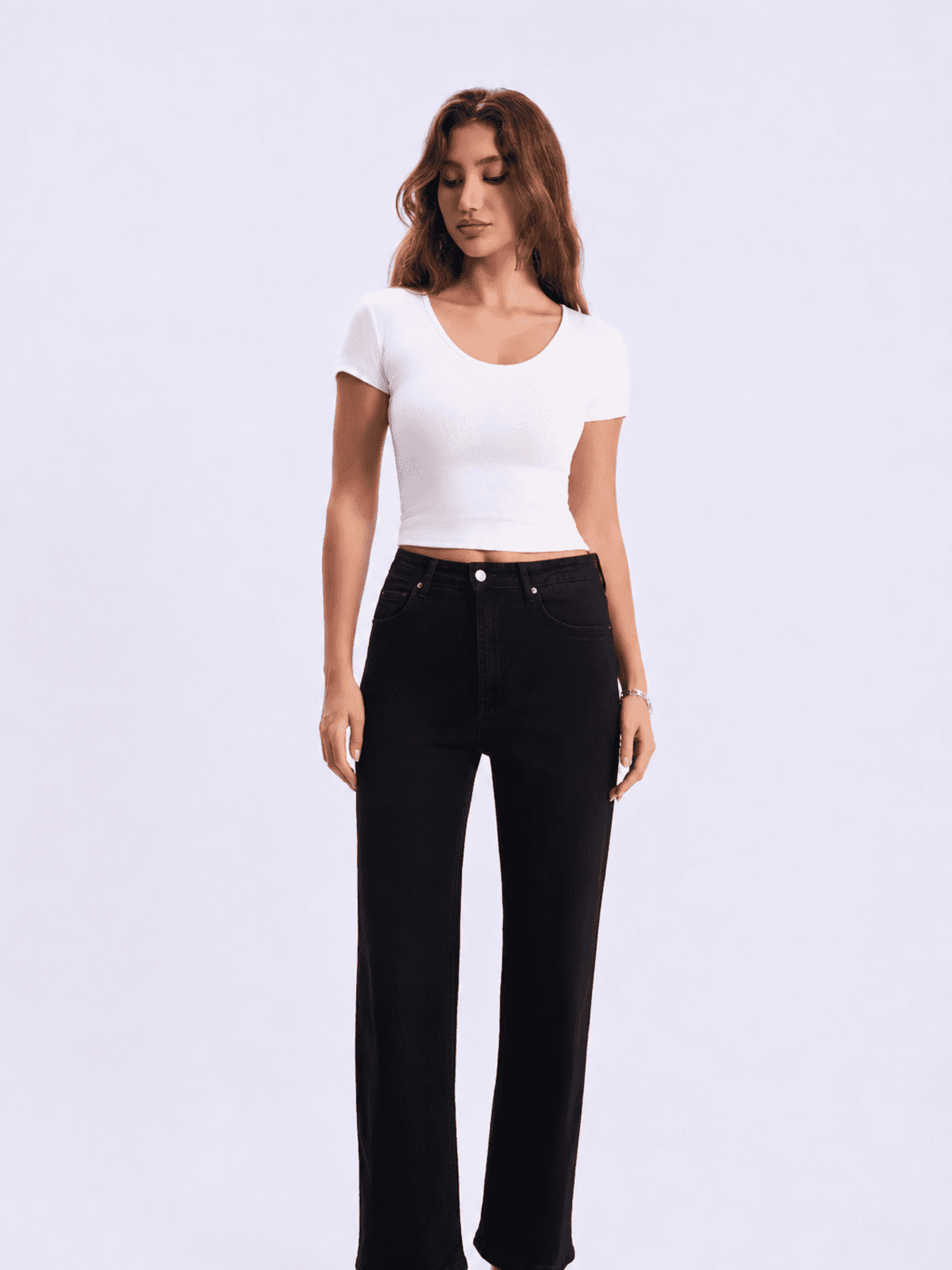 High waist TRF wide leg jeans in black denim view#Color_BLACK DENIM