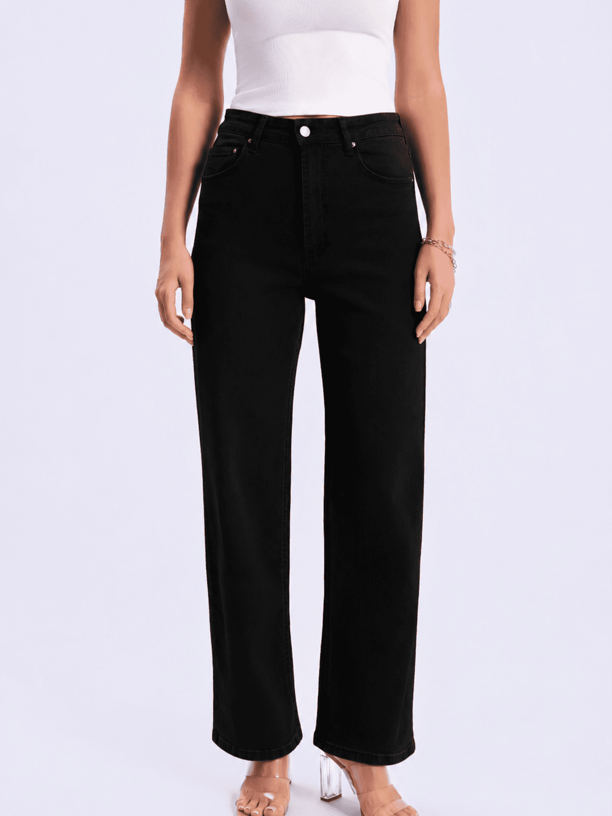 High waist TRF wide leg jeans in black denim view#Color_BLACK DENIM