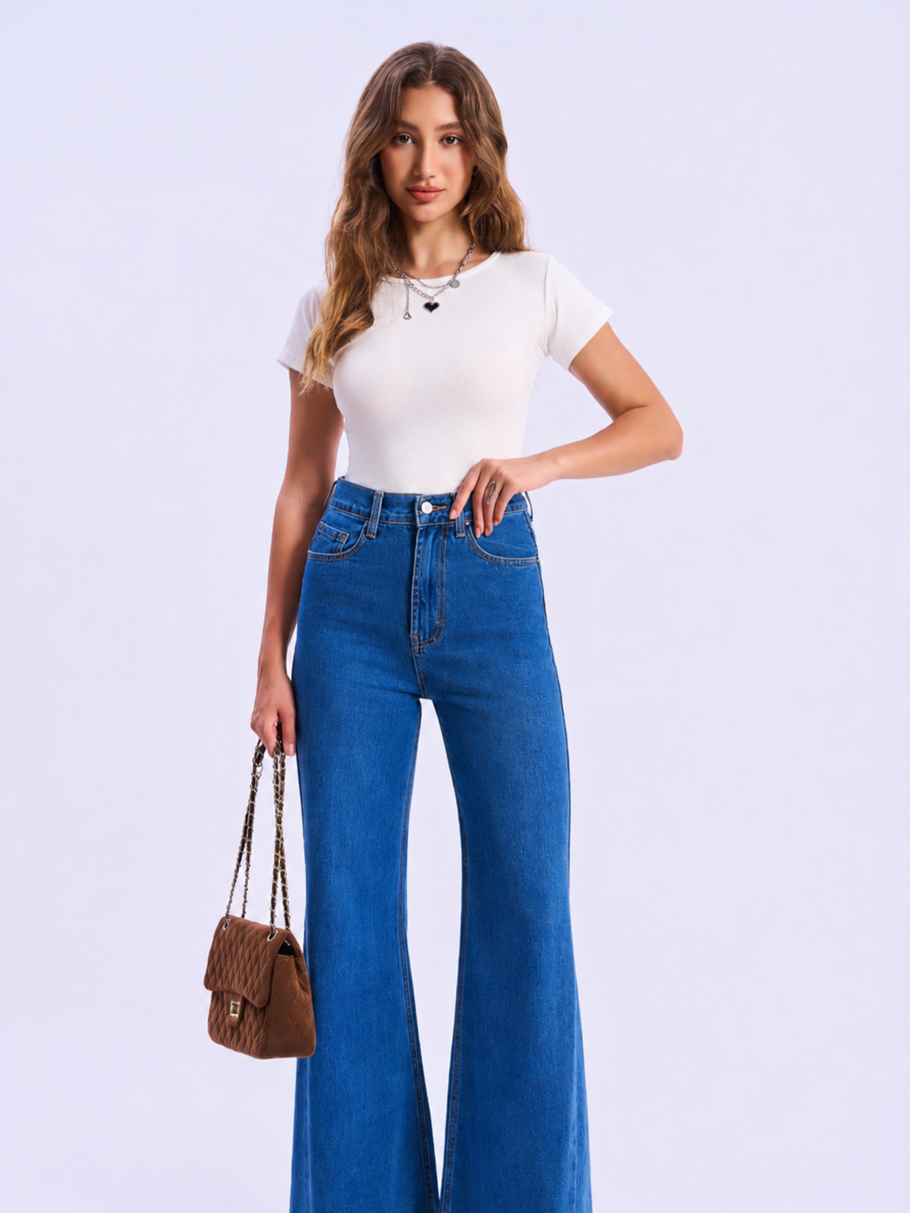 Elegant high waist bootcut flare jeans in medium blue denim view#Color_MEDIUM BLUE DENIM